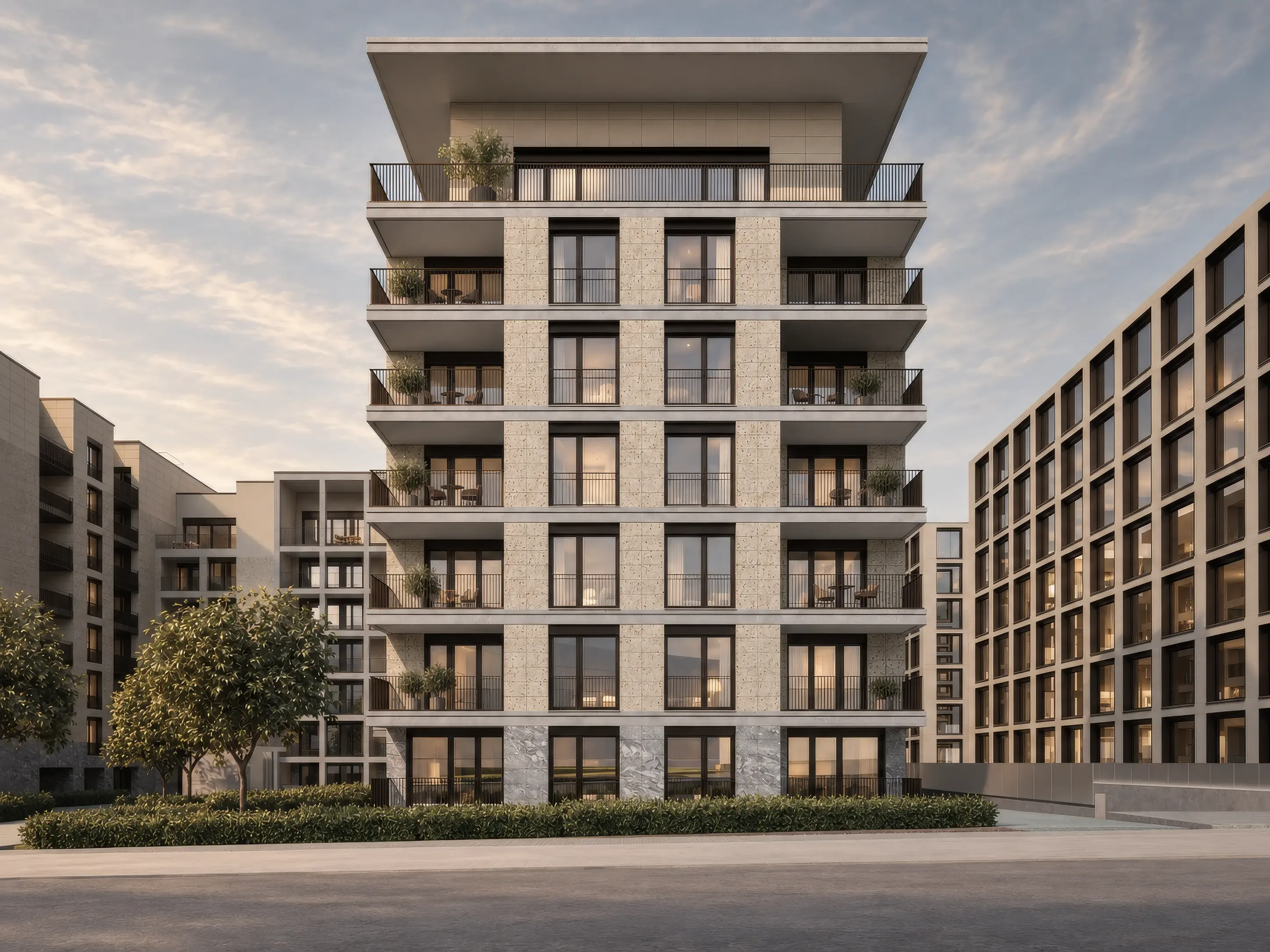 Élévation principale — loggias superposées dans la façade en pierre claire, attique sous une toiture débordante