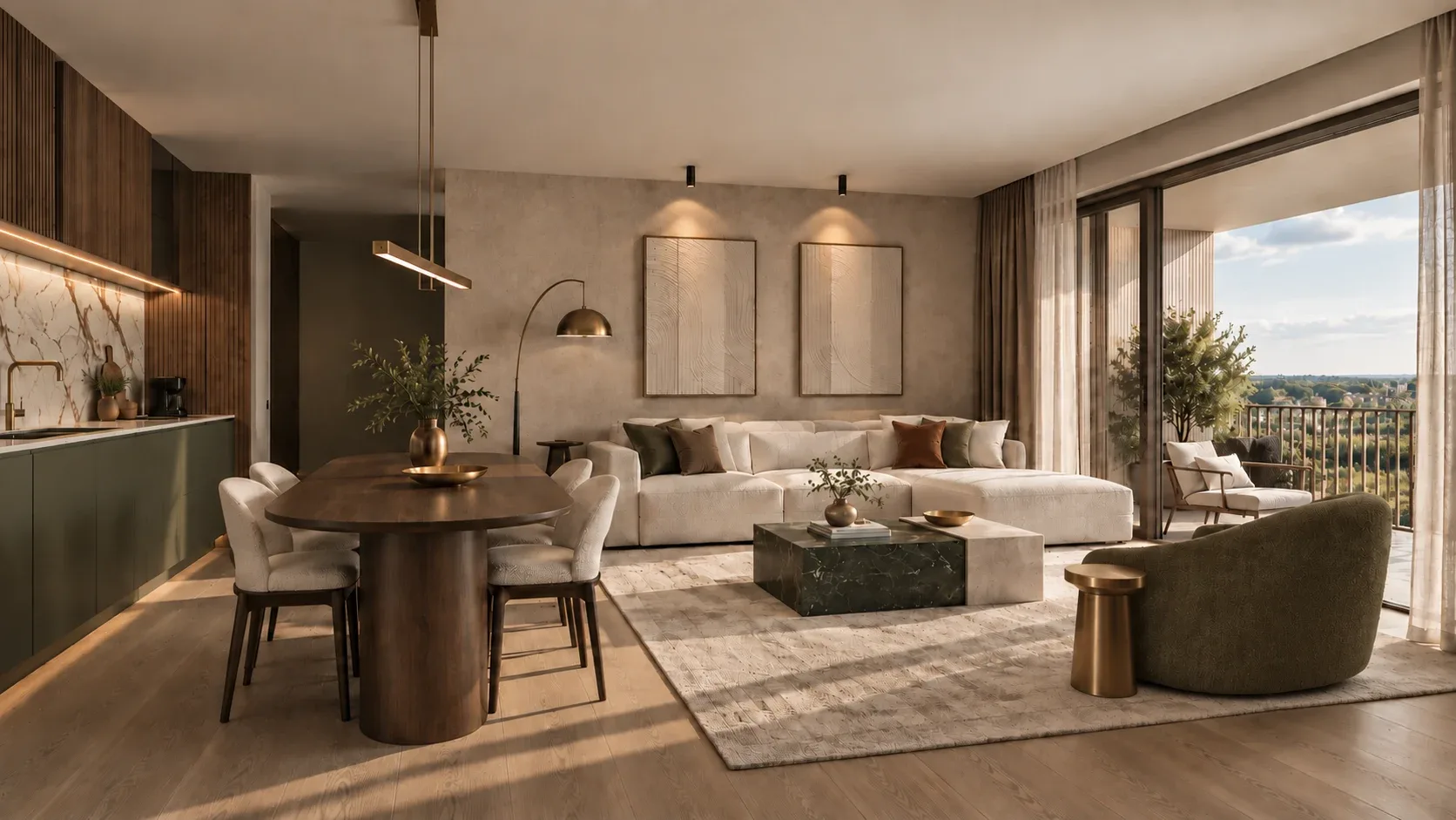 Intérieur d'un appartement une chambre — cuisine ouverte, table ronde et séjour donnant sur une loggia