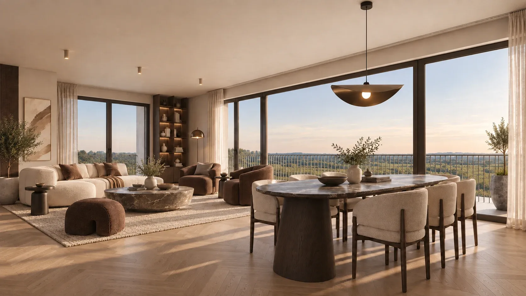 Intérieur d'un appartement deux chambres — séjour et salle à manger baignés de lumière, avec de larges baies vitrées