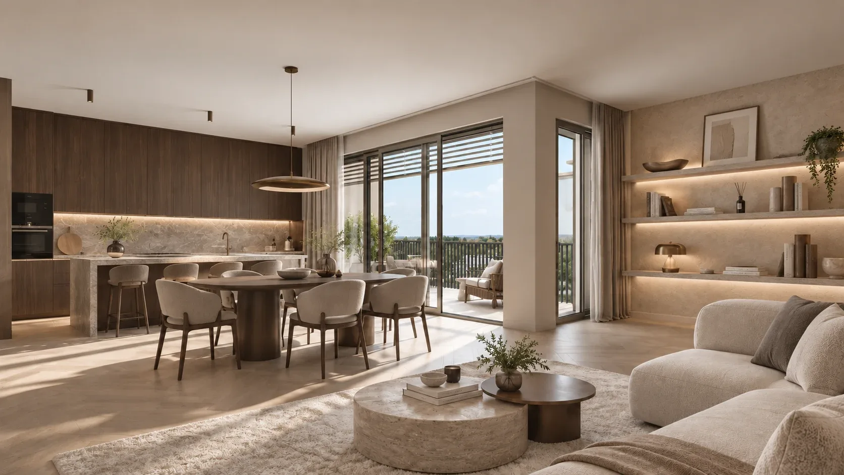 Intérieur d'un appartement trois chambres — cuisine ouverte, salle à manger et séjour prolongés par une terrasse