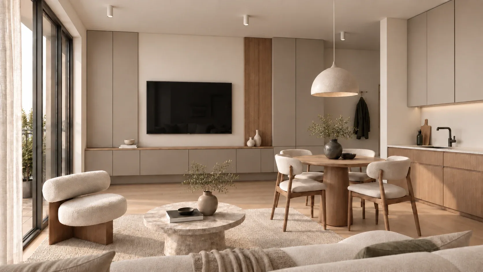 Intérieur d'un studio — séjour lumineux, table ronde et cuisine ouverte dans une palette de bois clair