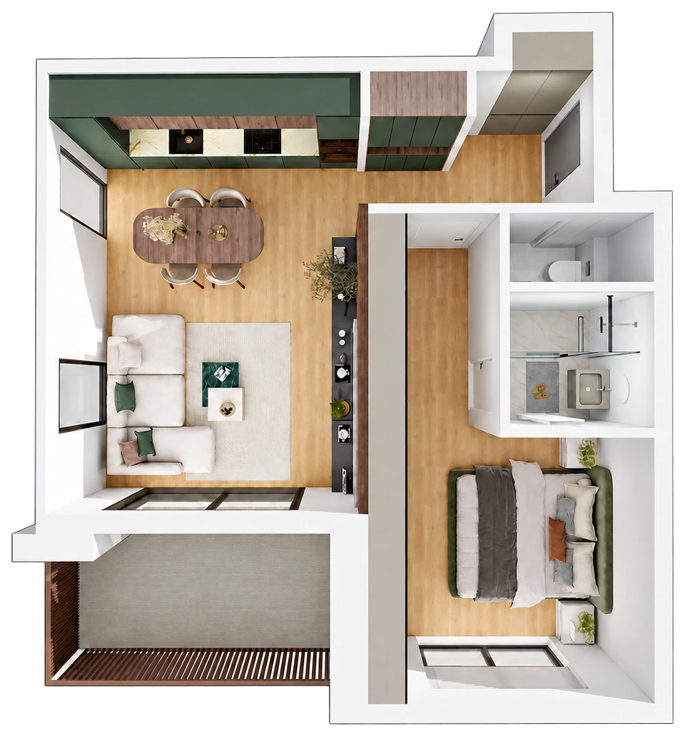 Vue de dessus d’un appartement une chambre avec loggia