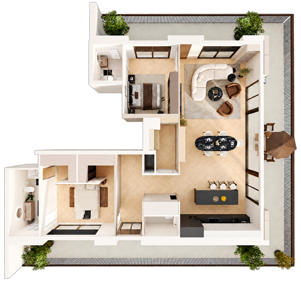 Vue de dessus d’un appartement deux chambres avec terrasse