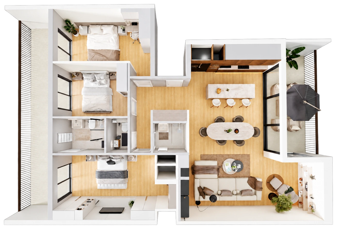 Vue de dessus d’un appartement trois chambres avec terrasses