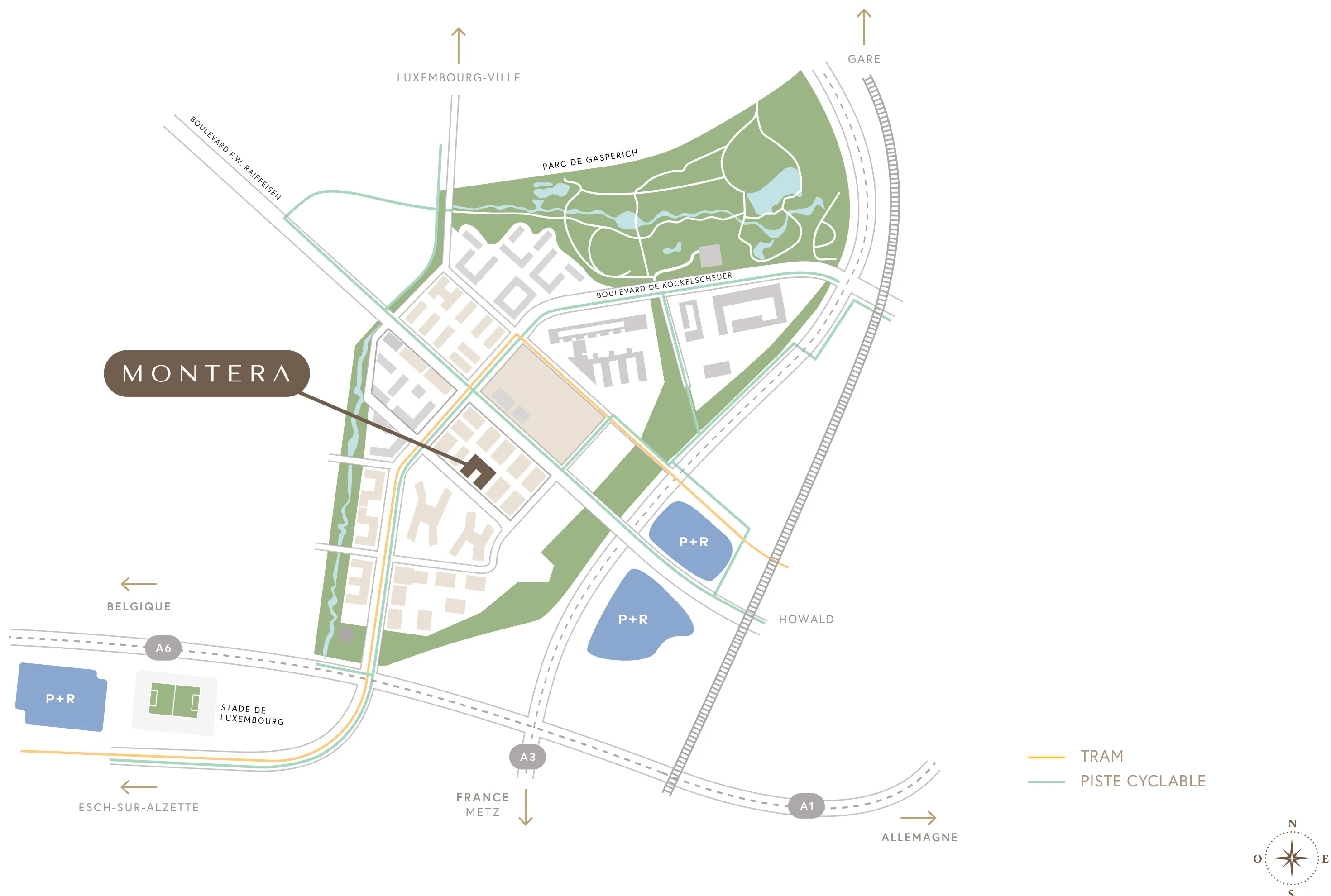 Situation dans le quartier — MONTERA entre le parc de Gasperich et le boulevard F. W. Raiffeisen, avec le tracé du tram, les pistes cyclables, les parkings relais, la gare de Howald et le Stade de Luxembourg