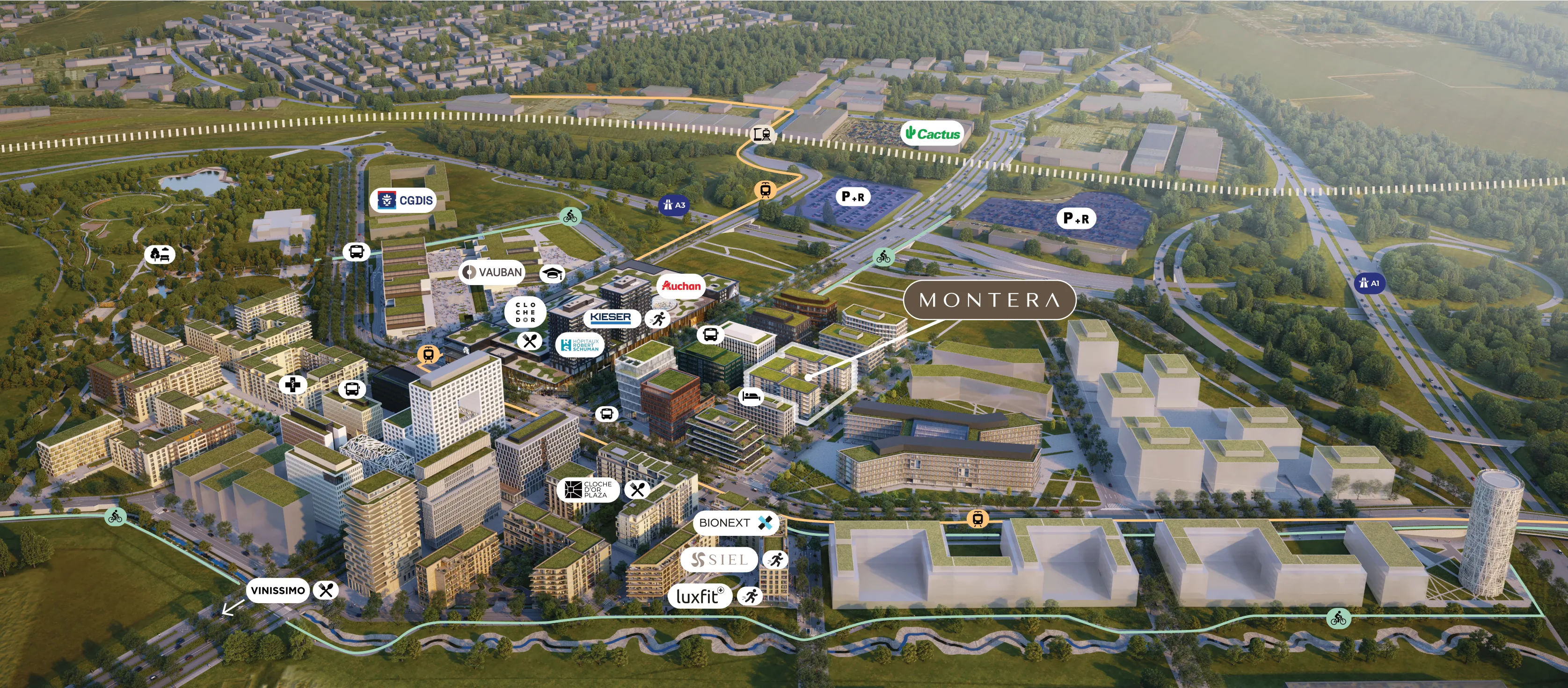 Le quartier de la Cloche d'Or vu du ciel — MONTERA repéré au centre, avec le Lycée Vauban, Auchan, Cactus, la Cloche d'Or Plaza, Bionext, le CGDIS, les arrêts de tram et de bus, les parkings relais, les pistes cyclables et la gare de Howald