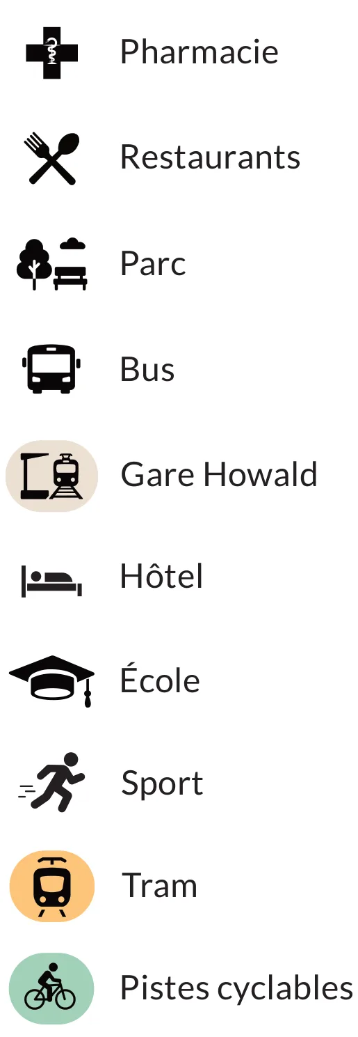 Légende : pharmacie, restaurants, parc, bus, gare de Howald, hôtel, école, sport, tram, pistes cyclables