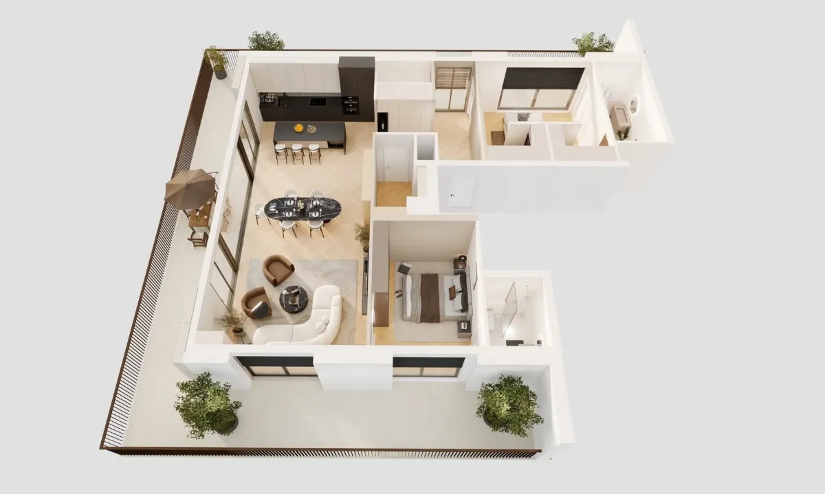 Vue en volume de la typologie · 2 chambres